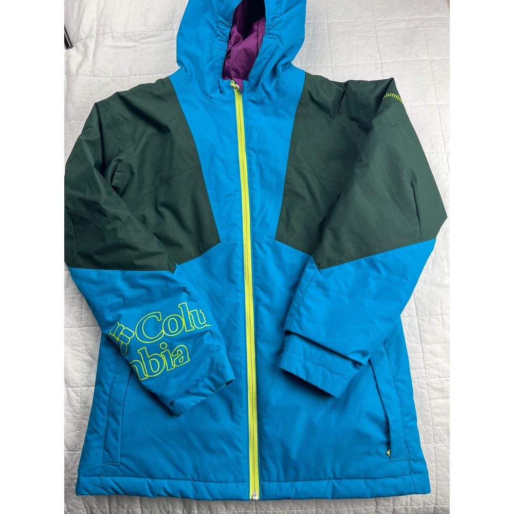 Columbia Kids Ski Snowboard Jacket Blue‎ Green Bright Zip Hooded Warm Outdoor XL